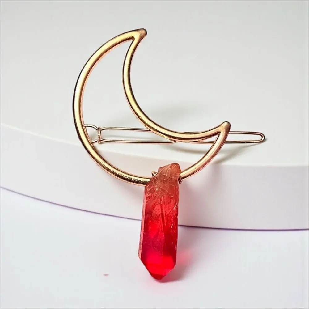 Handmade Genuine Ombré Orange Crystal Gold Crescent Moon Hairpin